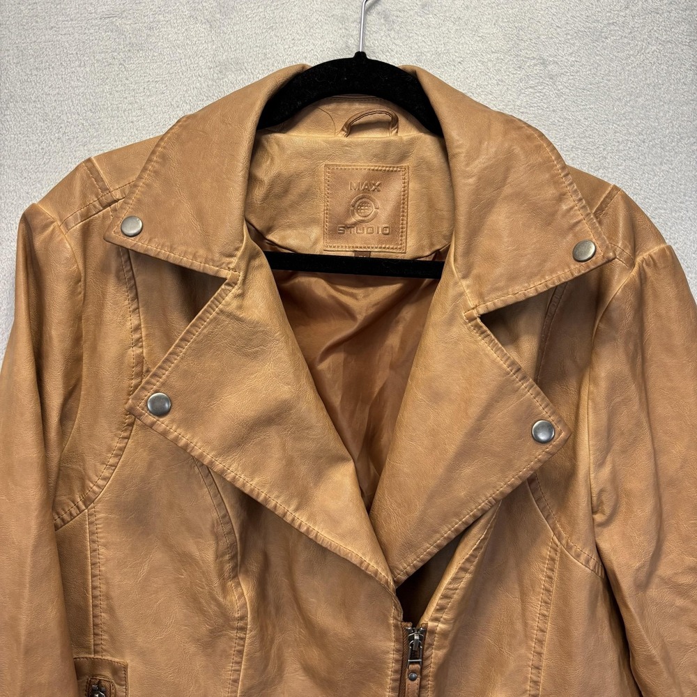 Max Studio Faux Leather Biker Jacket Womens 1X Brown Rodeo Festival Western XL - Picture 3 of 10